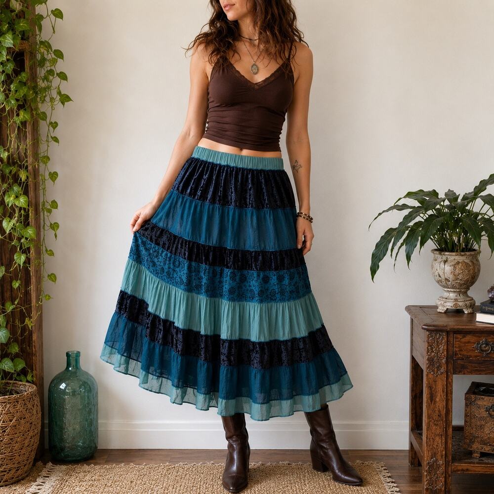 Agapo Teal Tiered Velvet Jacquard Boho Midi Skirt Sz L